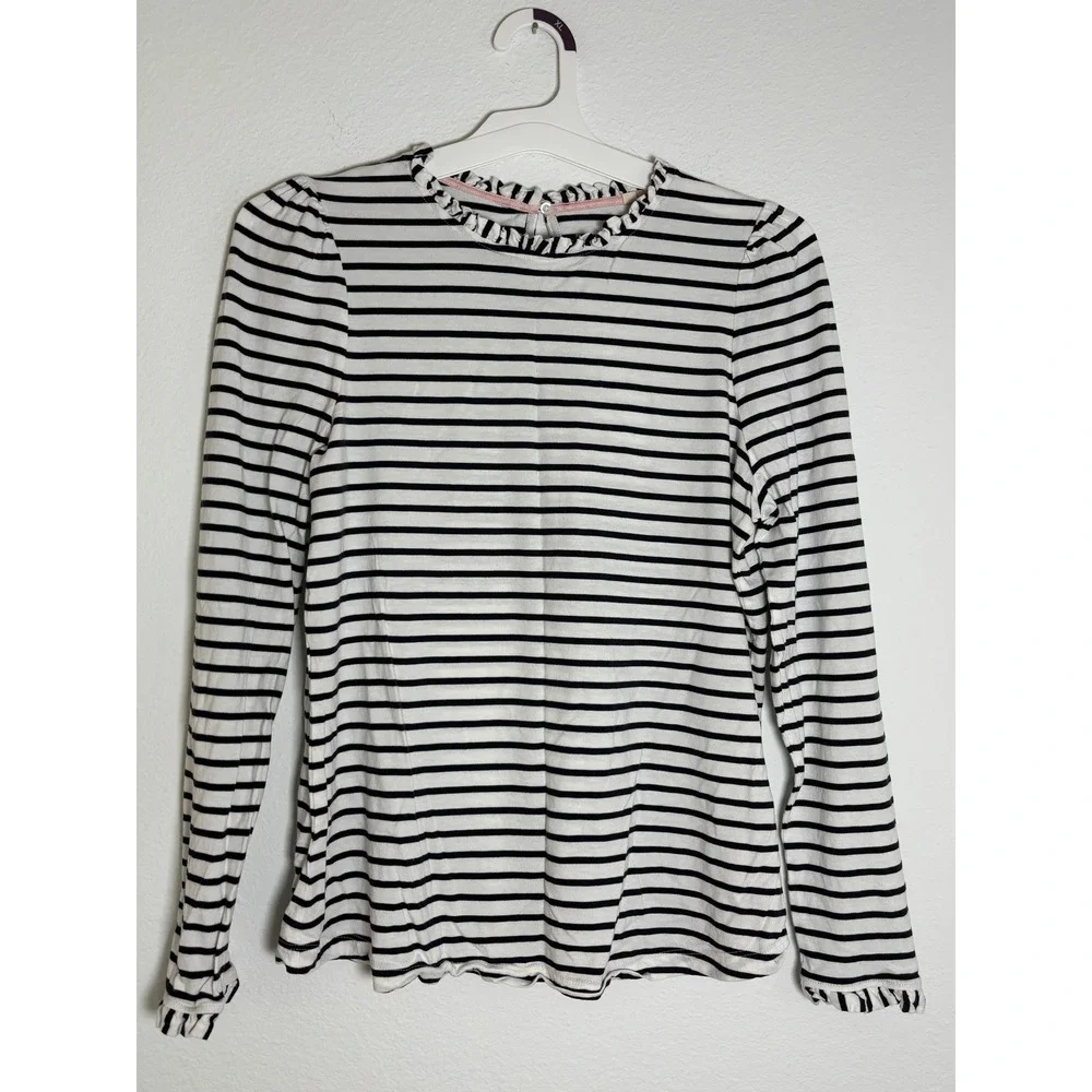 Boden Striped Ruffle Neck Long Sleeve Top Navy White US 10 Puff Shoulder